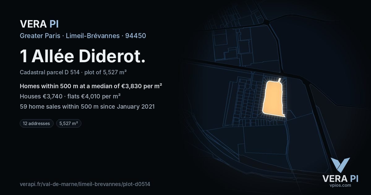 1 Allée Diderot, Limeil-Brévannes at night – the plot lit, the parcels around coloured by the prices near them