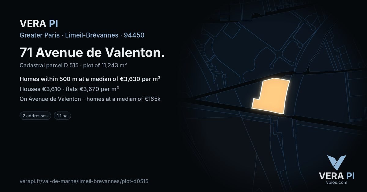 71 Avenue de Valenton, Limeil-Brévannes at night – the plot lit, the parcels around coloured by the prices near them