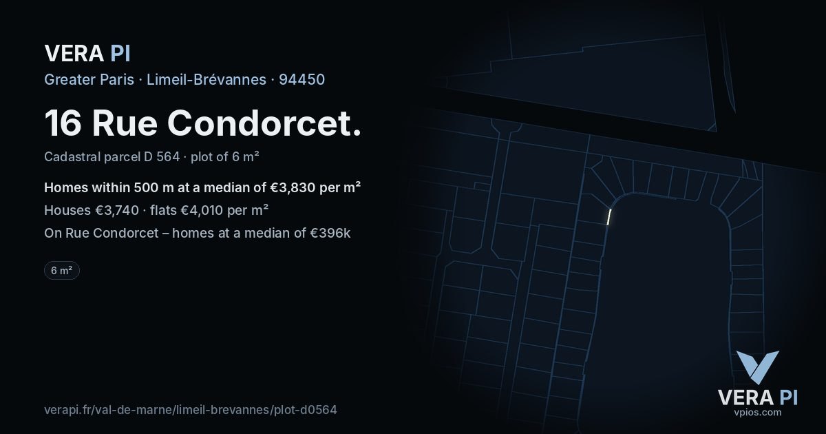 16 Rue Condorcet, Limeil-Brévannes at night – the plot lit, the parcels around coloured by the prices near them