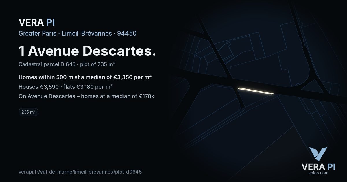 1 Avenue Descartes, Limeil-Brévannes at night – the plot lit, the parcels around coloured by the prices near them