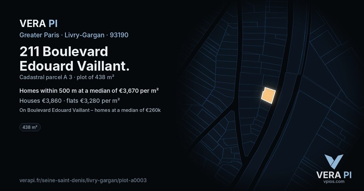 211 Boulevard Edouard Vaillant, Livry-Gargan at night – the plot lit, the parcels around coloured by the prices near them
