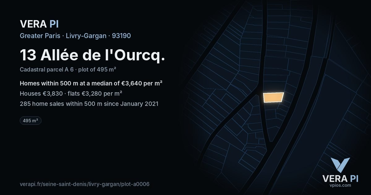 13 Allée de l'Ourcq, Livry-Gargan at night – the plot lit, the parcels around coloured by the prices near them