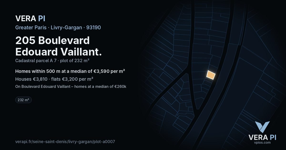 205 Boulevard Edouard Vaillant, Livry-Gargan at night – the plot lit, the parcels around coloured by the prices near them
