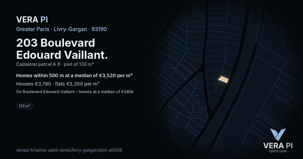 203 Boulevard Edouard Vaillant, Livry-Gargan at night – the plot lit, the parcels around coloured by the prices near them
