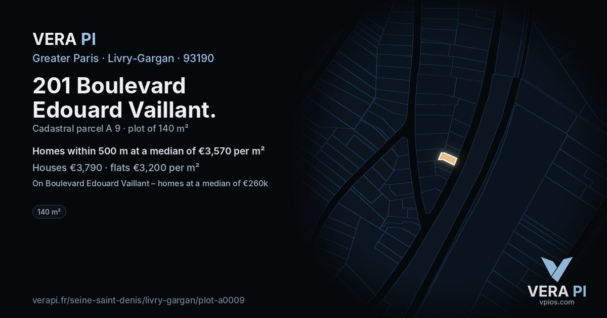 201 Boulevard Edouard Vaillant, Livry-Gargan at night – the plot lit, the parcels around coloured by the prices near them