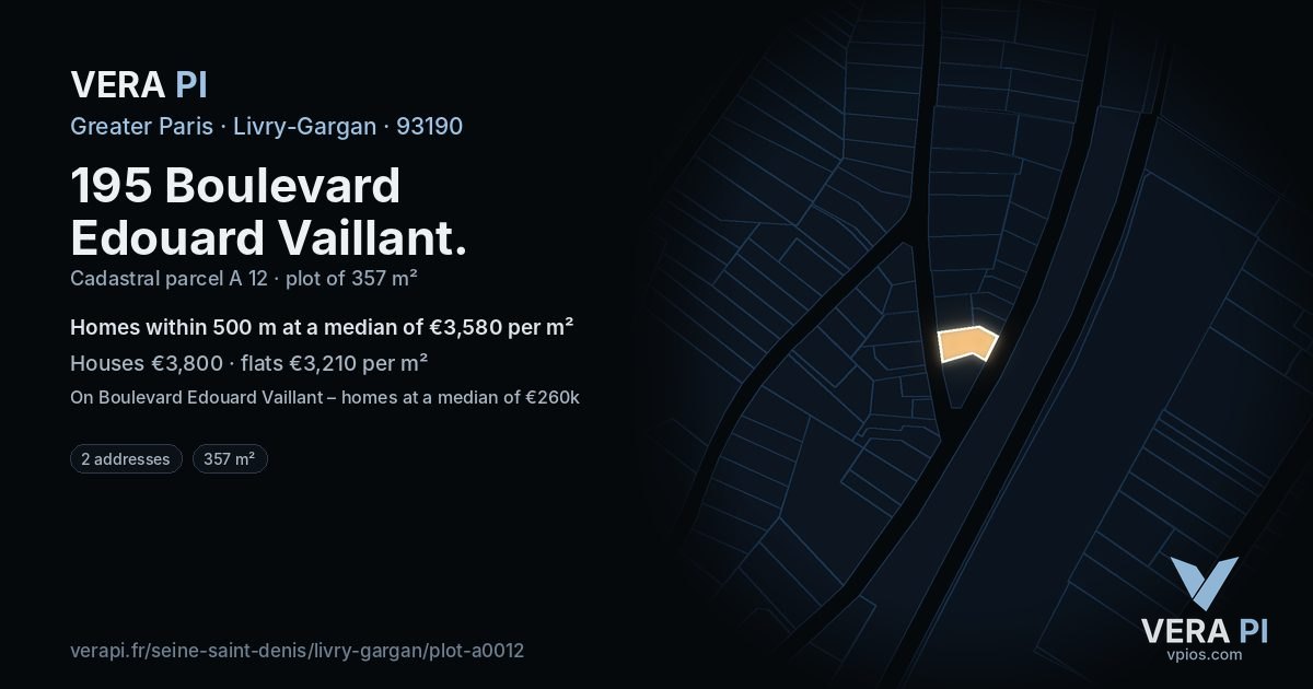 195 Boulevard Edouard Vaillant, Livry-Gargan at night – the plot lit, the parcels around coloured by the prices near them