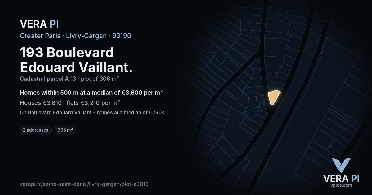 193 Boulevard Edouard Vaillant, Livry-Gargan at night – the plot lit, the parcels around coloured by the prices near them