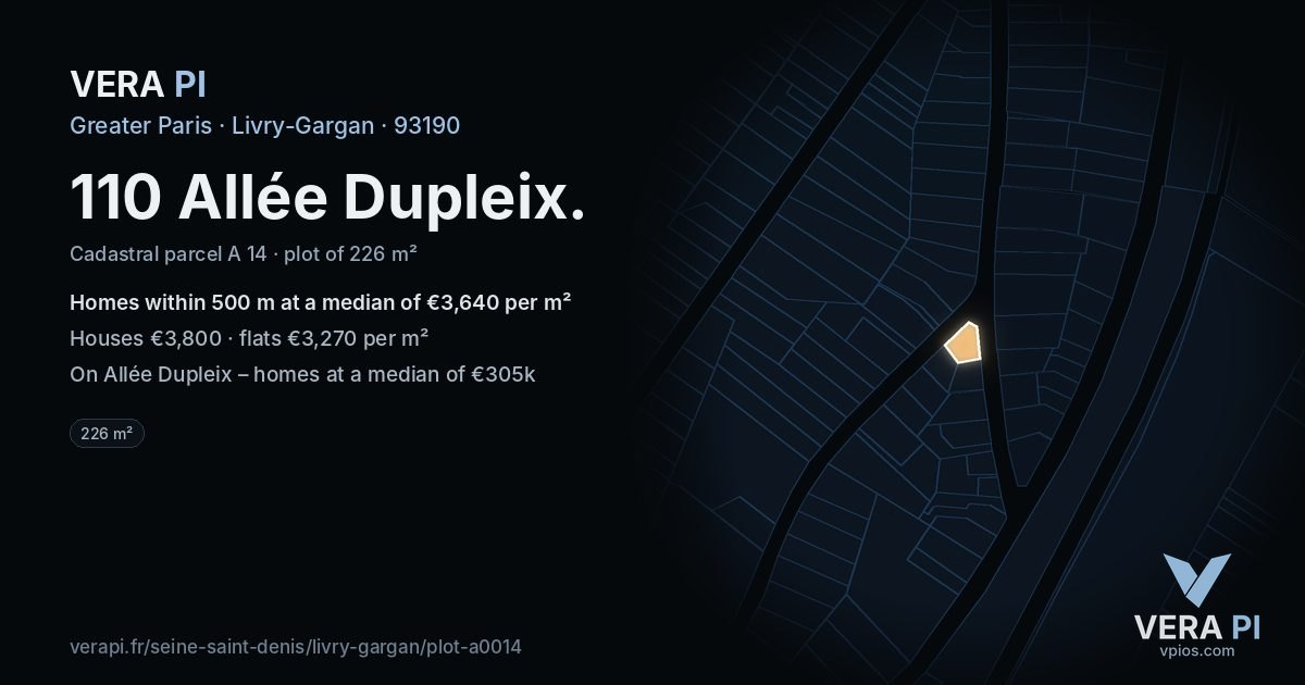 110 Allée Dupleix, Livry-Gargan at night – the plot lit, the parcels around coloured by the prices near them