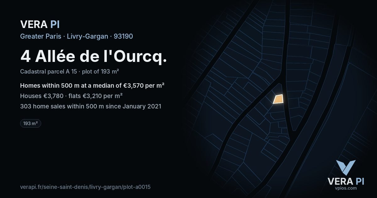 4 Allée de l'Ourcq, Livry-Gargan at night – the plot lit, the parcels around coloured by the prices near them