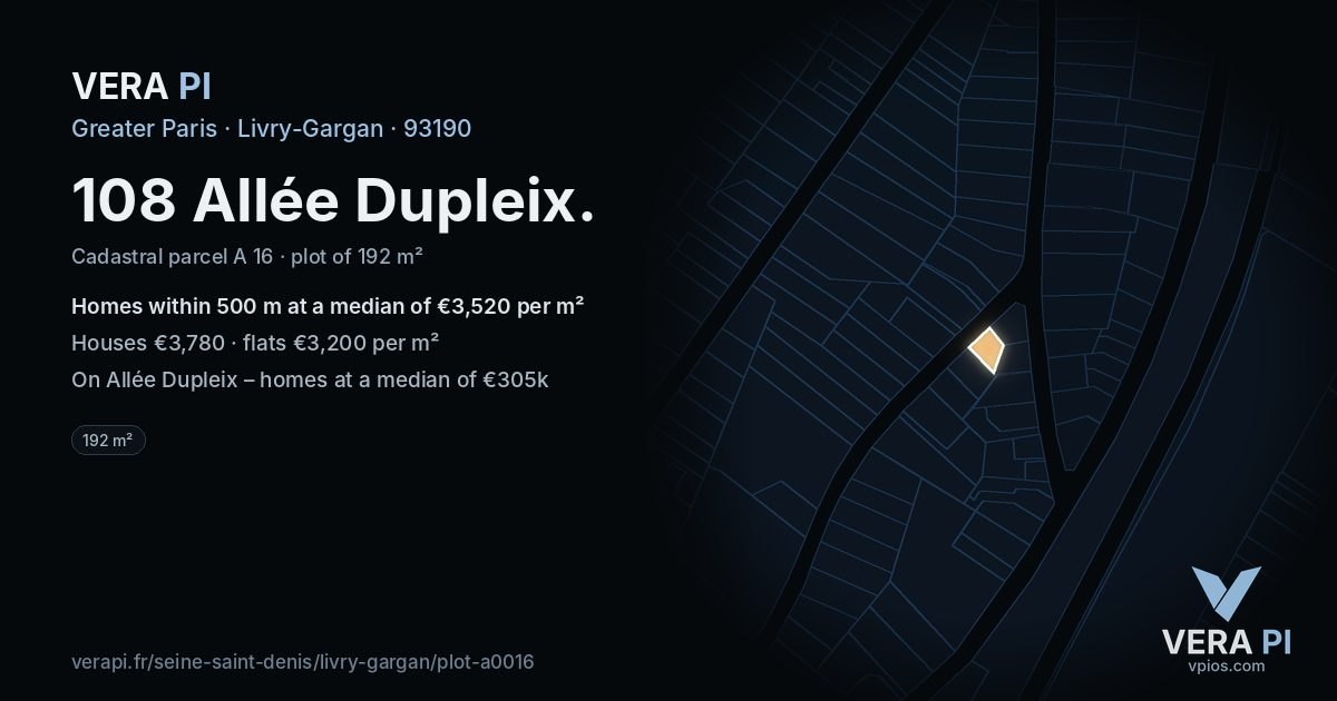108 Allée Dupleix, Livry-Gargan at night – the plot lit, the parcels around coloured by the prices near them