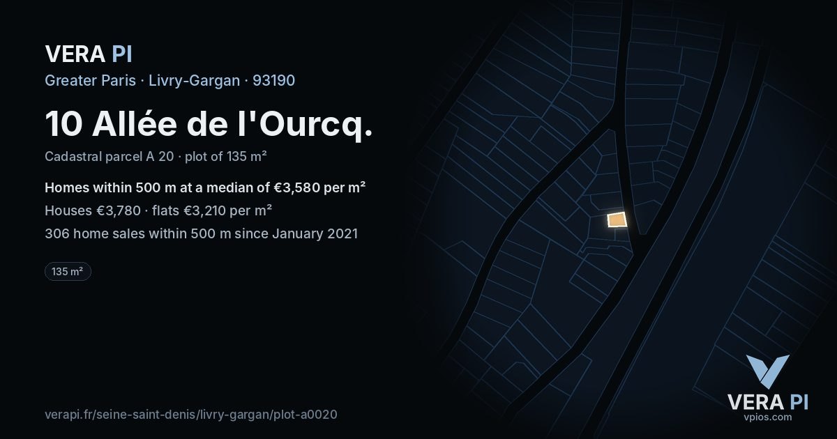 10 Allée de l'Ourcq, Livry-Gargan at night – the plot lit, the parcels around coloured by the prices near them