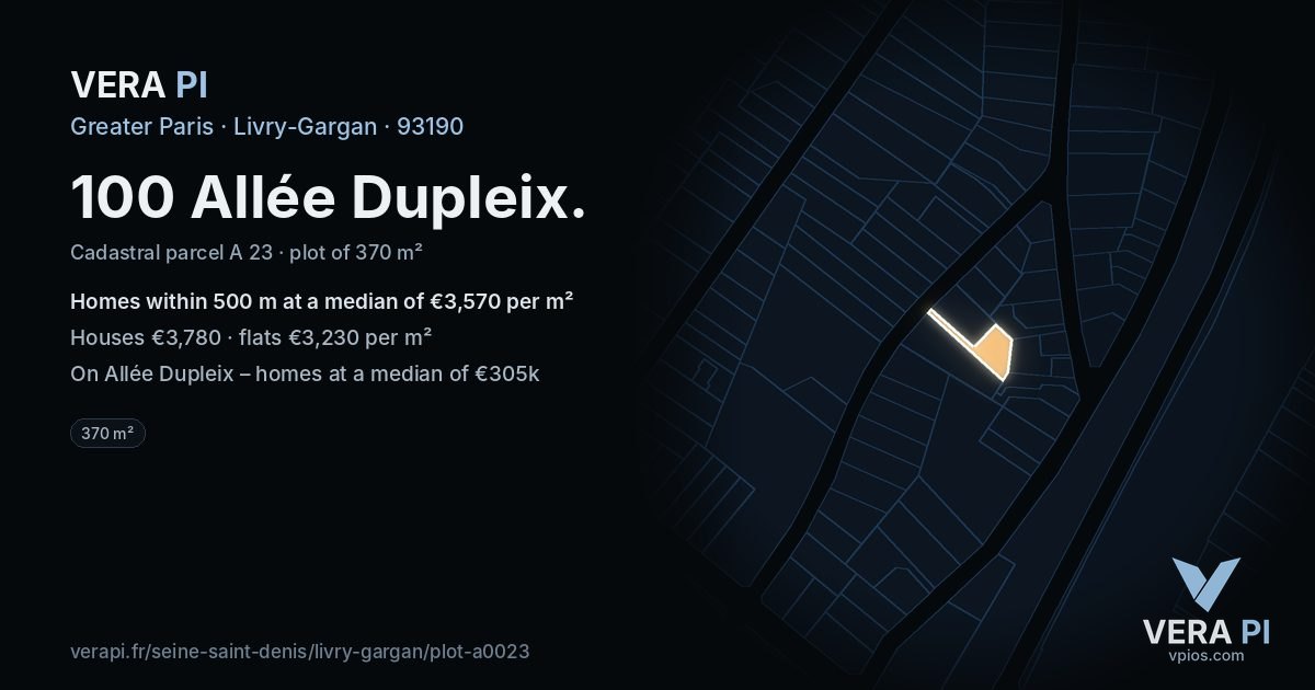 100 Allée Dupleix, Livry-Gargan at night – the plot lit, the parcels around coloured by the prices near them