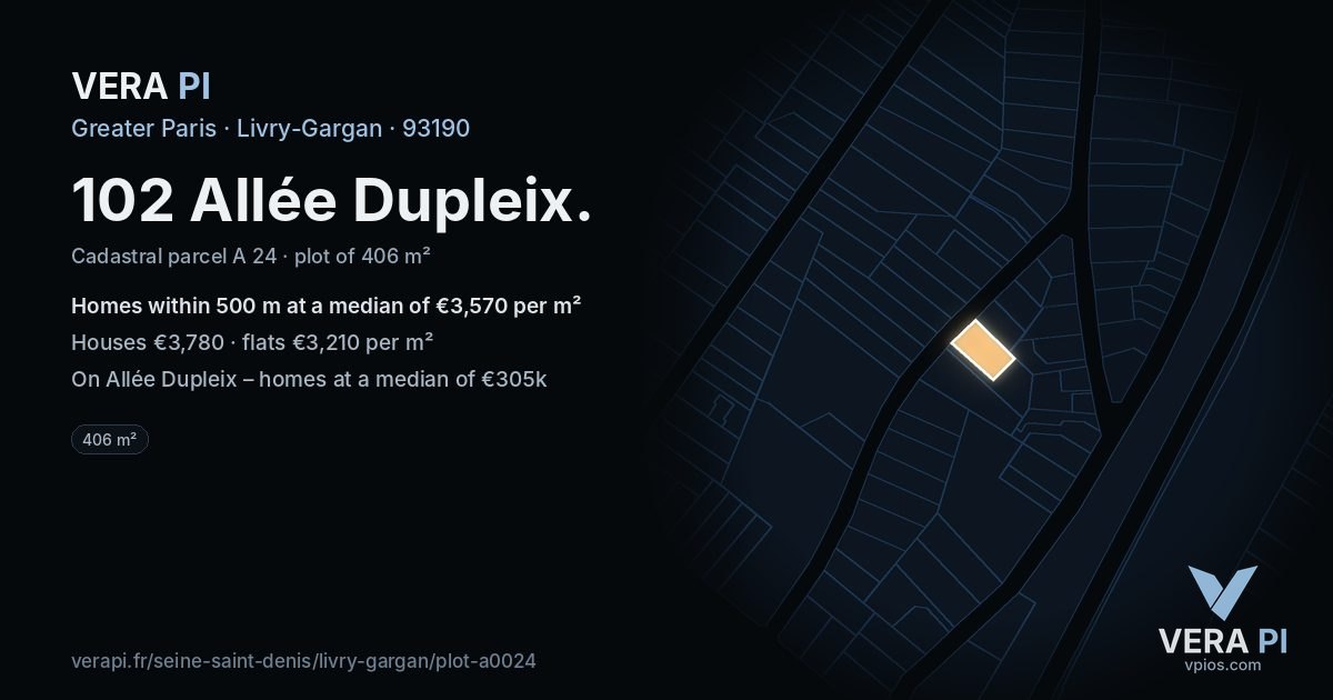 102 Allée Dupleix, Livry-Gargan at night – the plot lit, the parcels around coloured by the prices near them