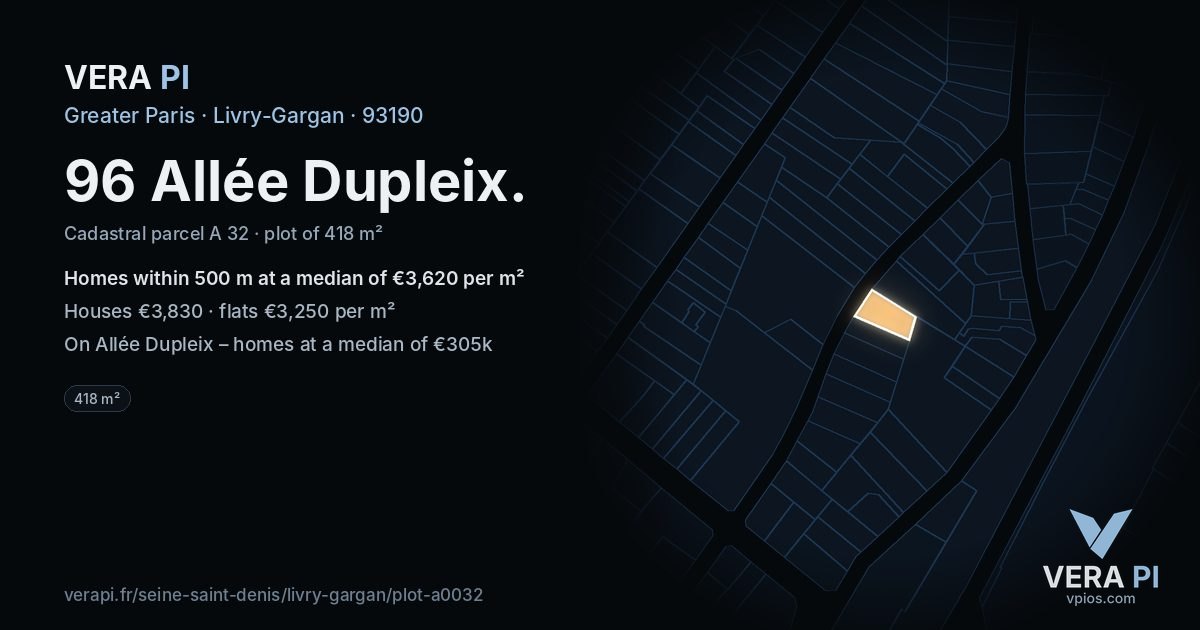 96 Allée Dupleix, Livry-Gargan at night – the plot lit, the parcels around coloured by the prices near them