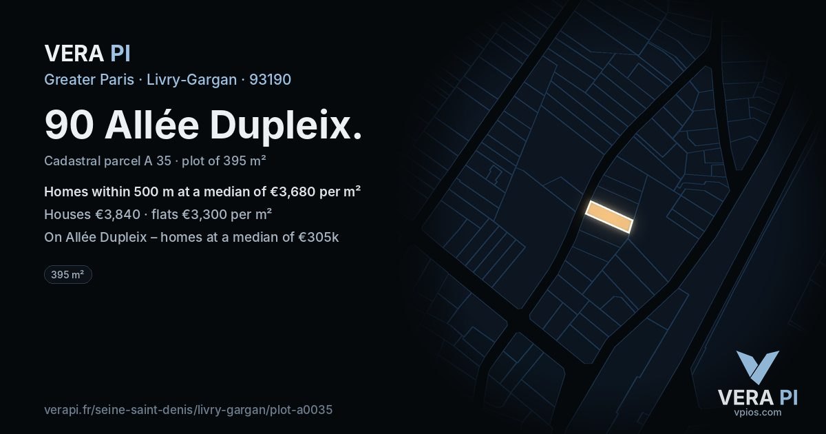 90 Allée Dupleix, Livry-Gargan at night – the plot lit, the parcels around coloured by the prices near them