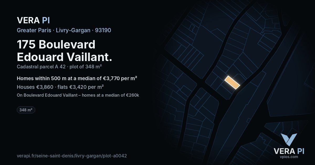 175 Boulevard Edouard Vaillant, Livry-Gargan at night – the plot lit, the parcels around coloured by the prices near them