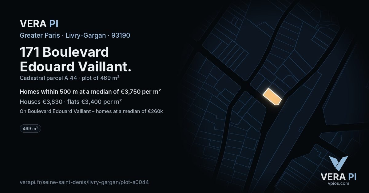 171 Boulevard Edouard Vaillant, Livry-Gargan at night – the plot lit, the parcels around coloured by the prices near them
