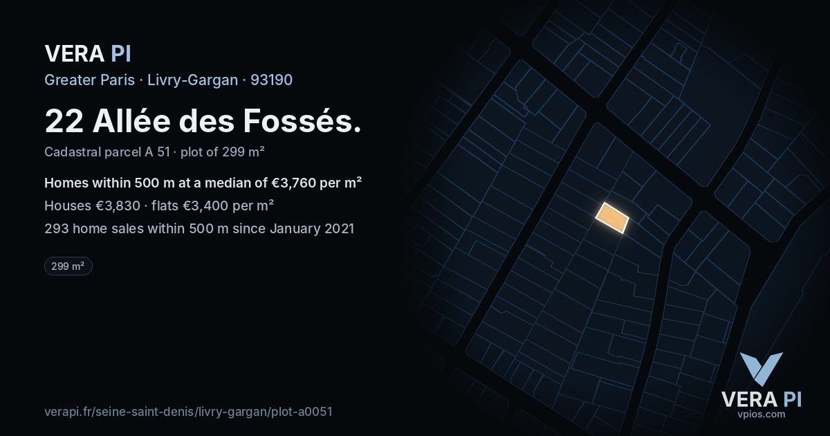 22 Allée des Fossés, Livry-Gargan at night – the plot lit, the parcels around coloured by the prices near them