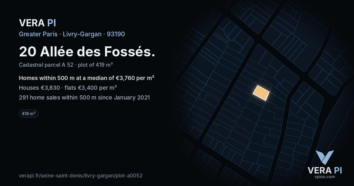 20 Allée des Fossés, Livry-Gargan at night – the plot lit, the parcels around coloured by the prices near them