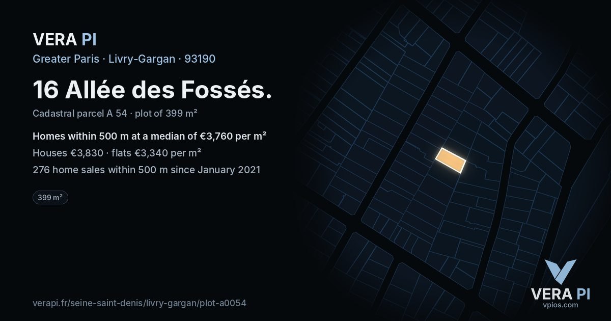 16 Allée des Fossés, Livry-Gargan at night – the plot lit, the parcels around coloured by the prices near them