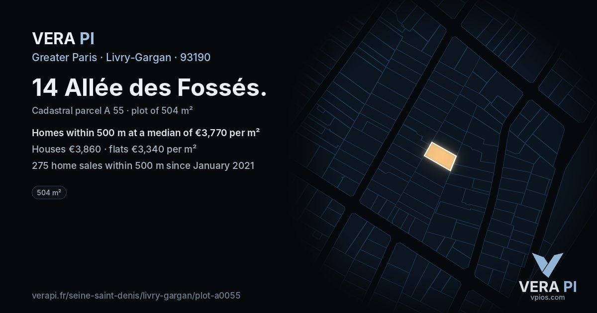 14 Allée des Fossés, Livry-Gargan at night – the plot lit, the parcels around coloured by the prices near them