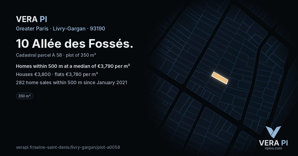 10 Allée des Fossés, Livry-Gargan at night – the plot lit, the parcels around coloured by the prices near them