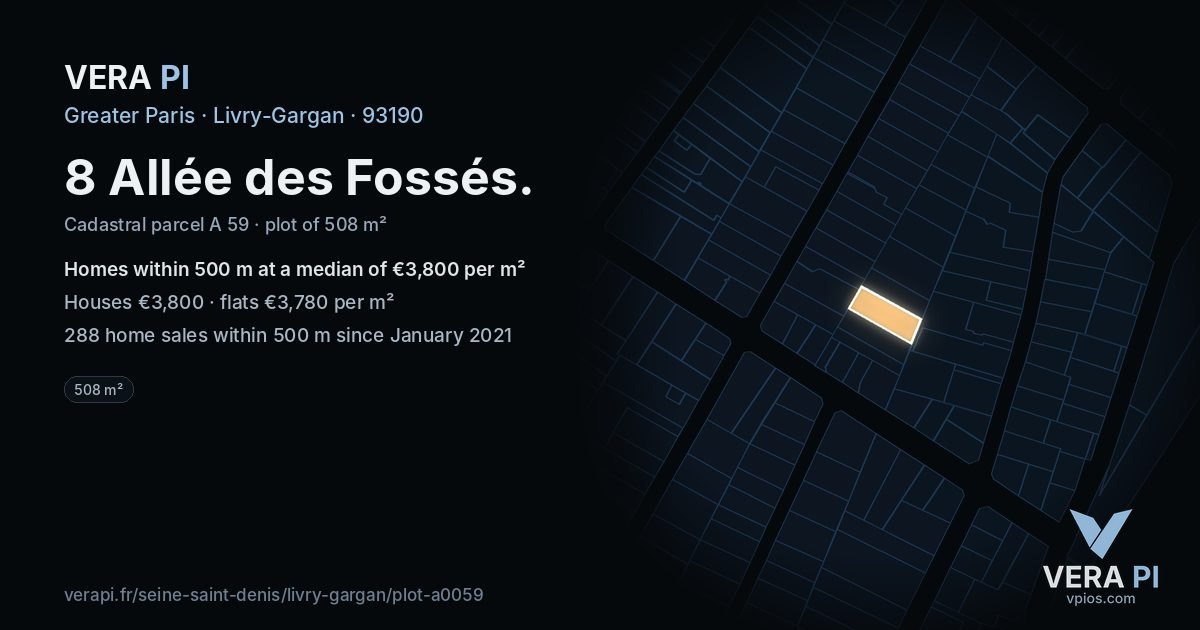 8 Allée des Fossés, Livry-Gargan at night – the plot lit, the parcels around coloured by the prices near them