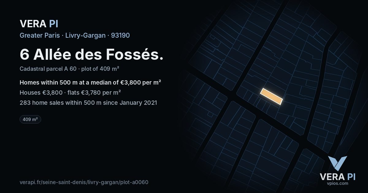 6 Allée des Fossés, Livry-Gargan at night – the plot lit, the parcels around coloured by the prices near them