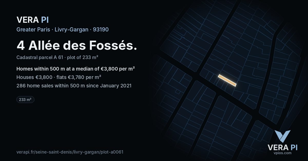 4 Allée des Fossés, Livry-Gargan at night – the plot lit, the parcels around coloured by the prices near them