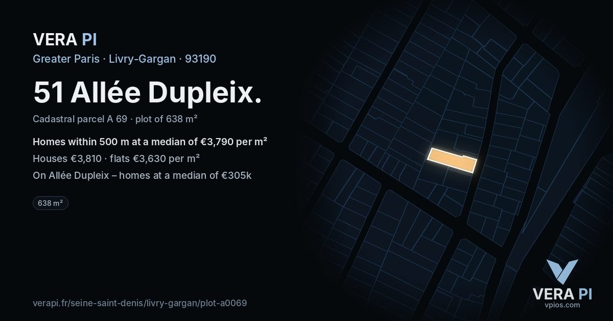 51 Allée Dupleix, Livry-Gargan at night – the plot lit, the parcels around coloured by the prices near them
