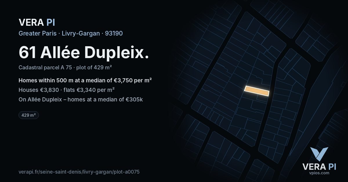 61 Allée Dupleix, Livry-Gargan at night – the plot lit, the parcels around coloured by the prices near them