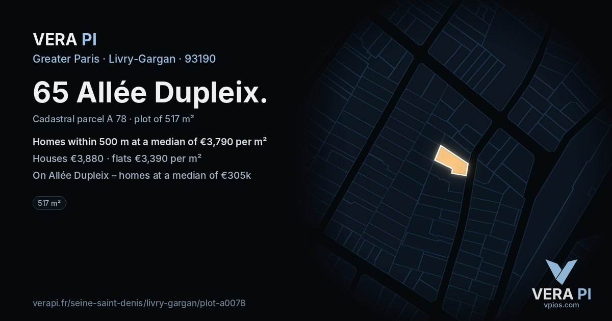 65 Allée Dupleix, Livry-Gargan at night – the plot lit, the parcels around coloured by the prices near them