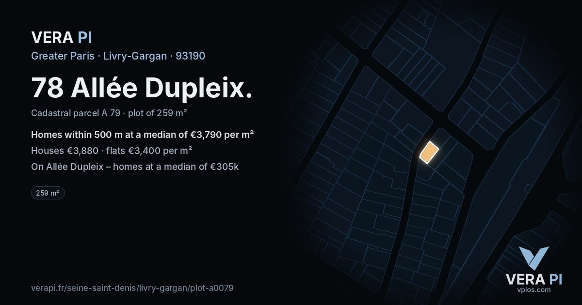 78 Allée Dupleix, Livry-Gargan at night – the plot lit, the parcels around coloured by the prices near them