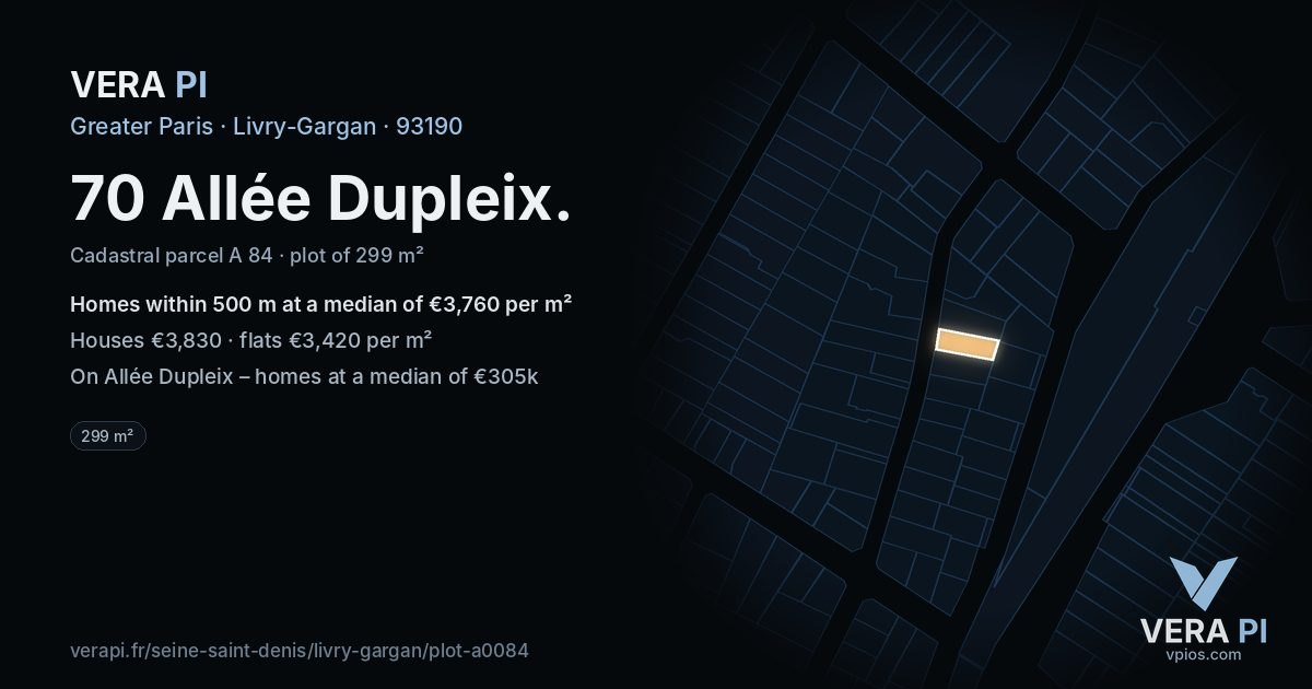 70 Allée Dupleix, Livry-Gargan at night – the plot lit, the parcels around coloured by the prices near them