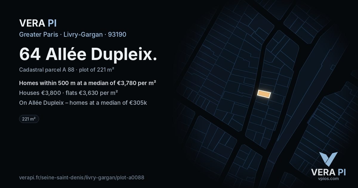 64 Allée Dupleix, Livry-Gargan at night – the plot lit, the parcels around coloured by the prices near them