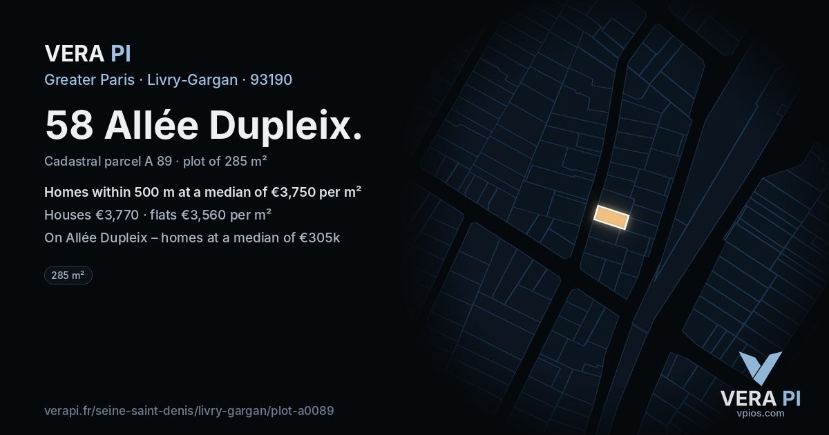 58 Allée Dupleix, Livry-Gargan at night – the plot lit, the parcels around coloured by the prices near them