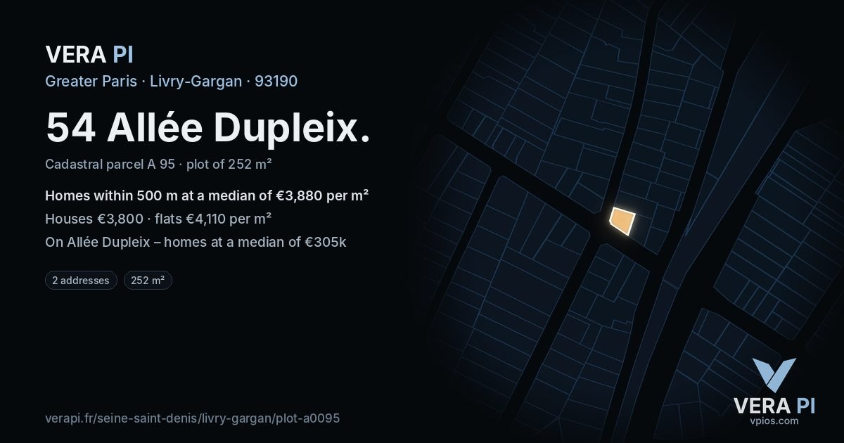 54 Allée Dupleix, Livry-Gargan at night – the plot lit, the parcels around coloured by the prices near them