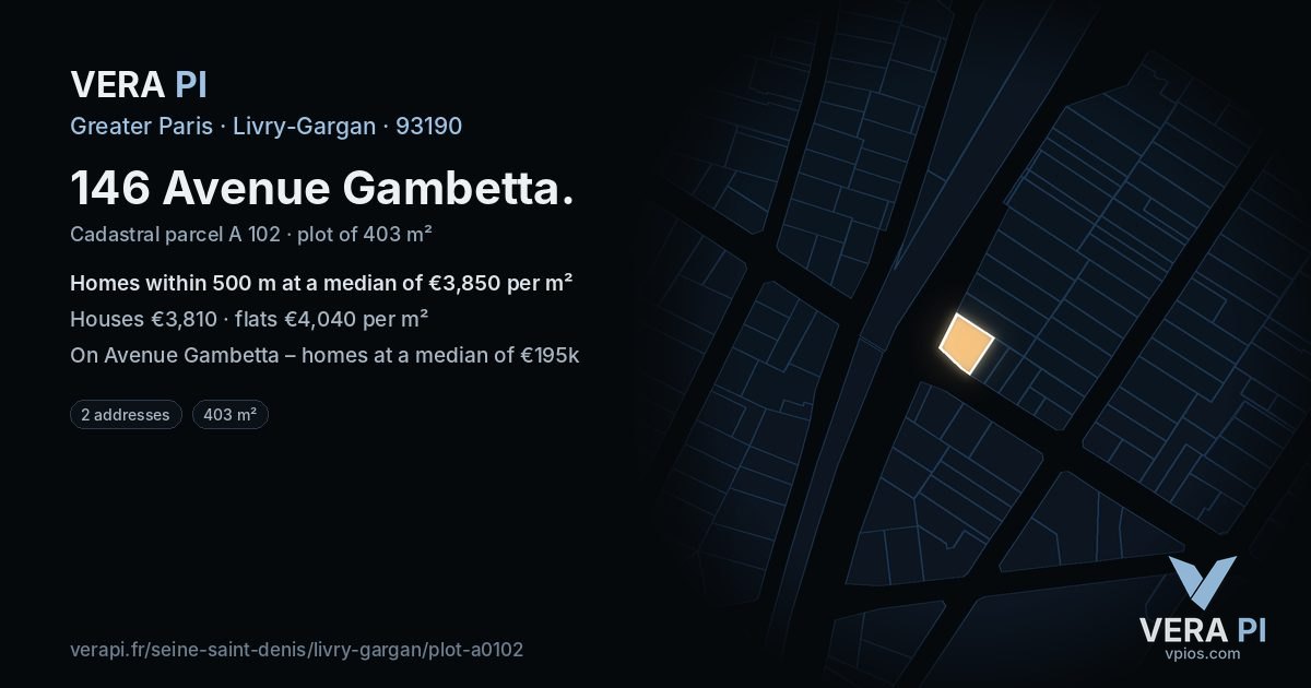146 Avenue Gambetta, Livry-Gargan at night – the plot lit, the parcels around coloured by the prices near them