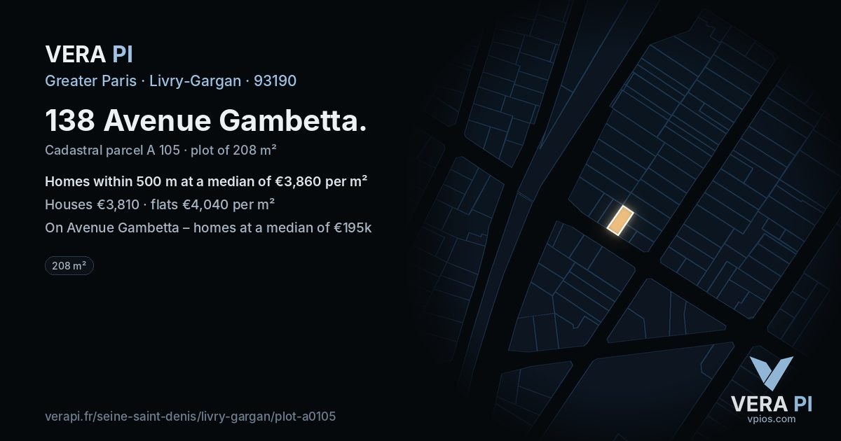 138 Avenue Gambetta, Livry-Gargan at night – the plot lit, the parcels around coloured by the prices near them