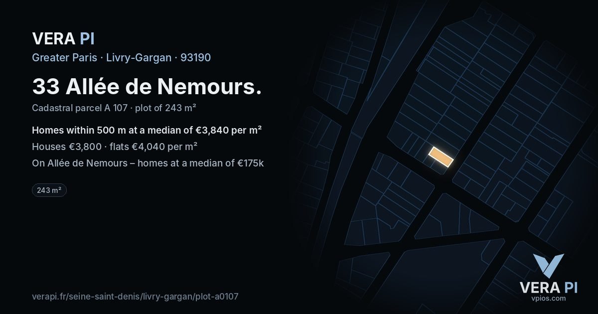33 Allée de Nemours, Livry-Gargan at night – the plot lit, the parcels around coloured by the prices near them