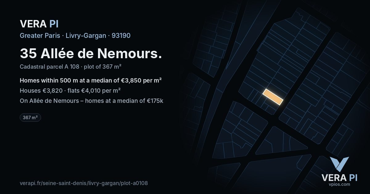35 Allée de Nemours, Livry-Gargan at night – the plot lit, the parcels around coloured by the prices near them
