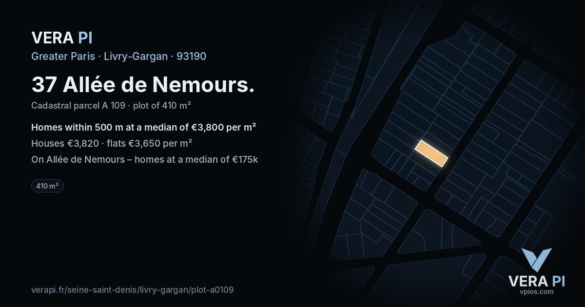 37 Allée de Nemours, Livry-Gargan at night – the plot lit, the parcels around coloured by the prices near them