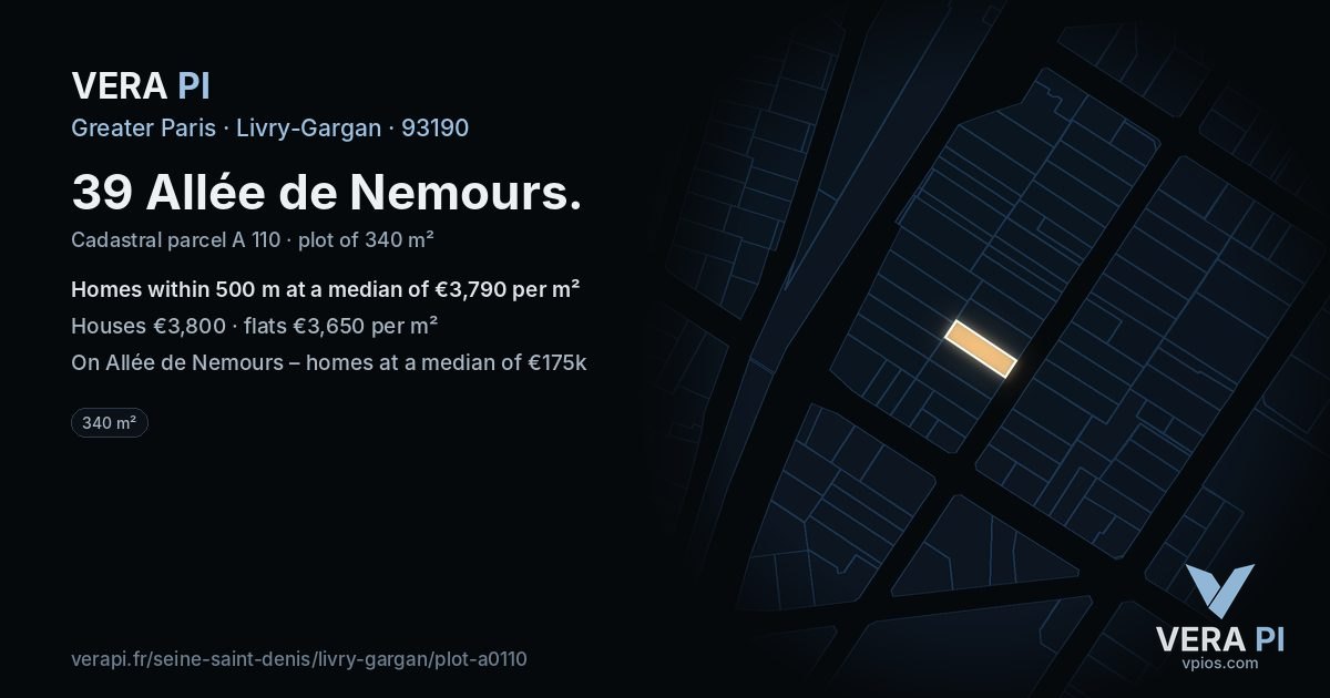39 Allée de Nemours, Livry-Gargan at night – the plot lit, the parcels around coloured by the prices near them