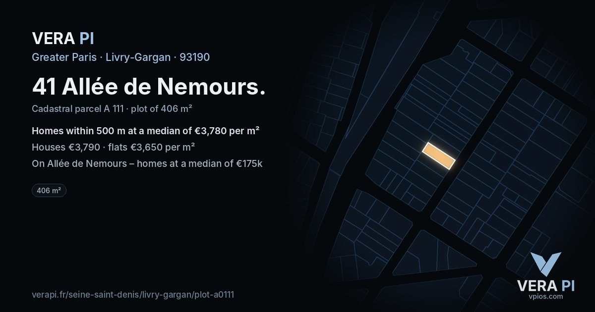 41 Allée de Nemours, Livry-Gargan at night – the plot lit, the parcels around coloured by the prices near them