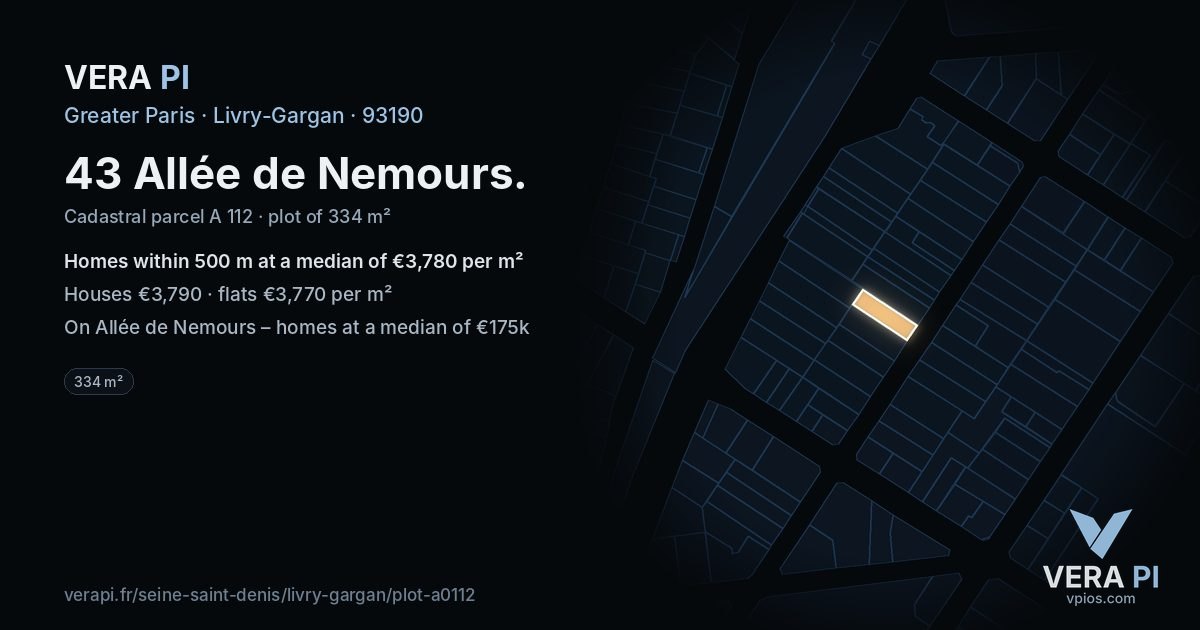 43 Allée de Nemours, Livry-Gargan at night – the plot lit, the parcels around coloured by the prices near them