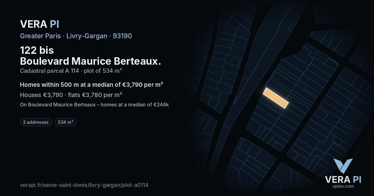 122 bis Boulevard Maurice Berteaux, Livry-Gargan at night – the plot lit, the parcels around coloured by the prices near them