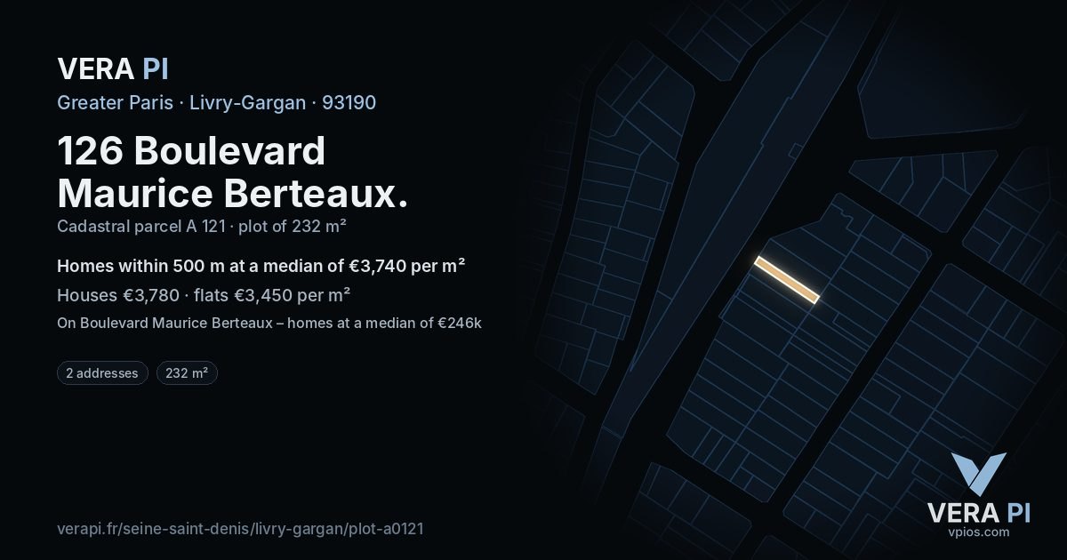 126 Boulevard Maurice Berteaux, Livry-Gargan at night – the plot lit, the parcels around coloured by the prices near them