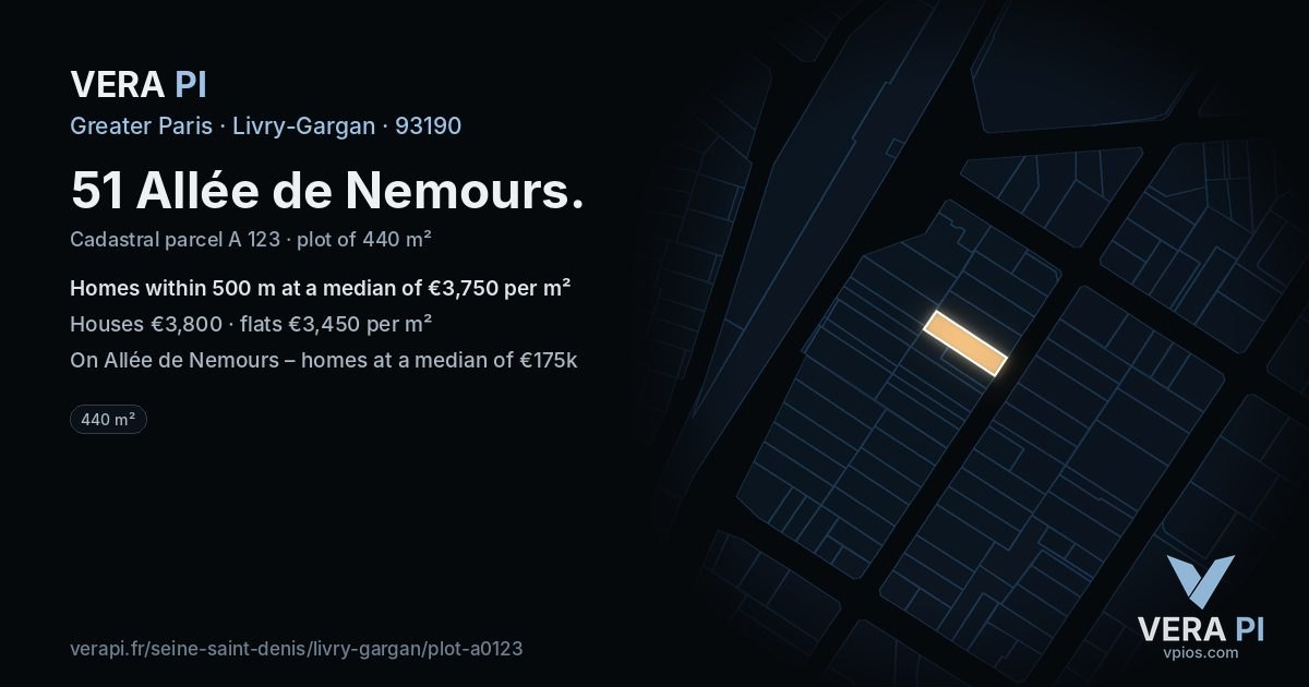 51 Allée de Nemours, Livry-Gargan at night – the plot lit, the parcels around coloured by the prices near them
