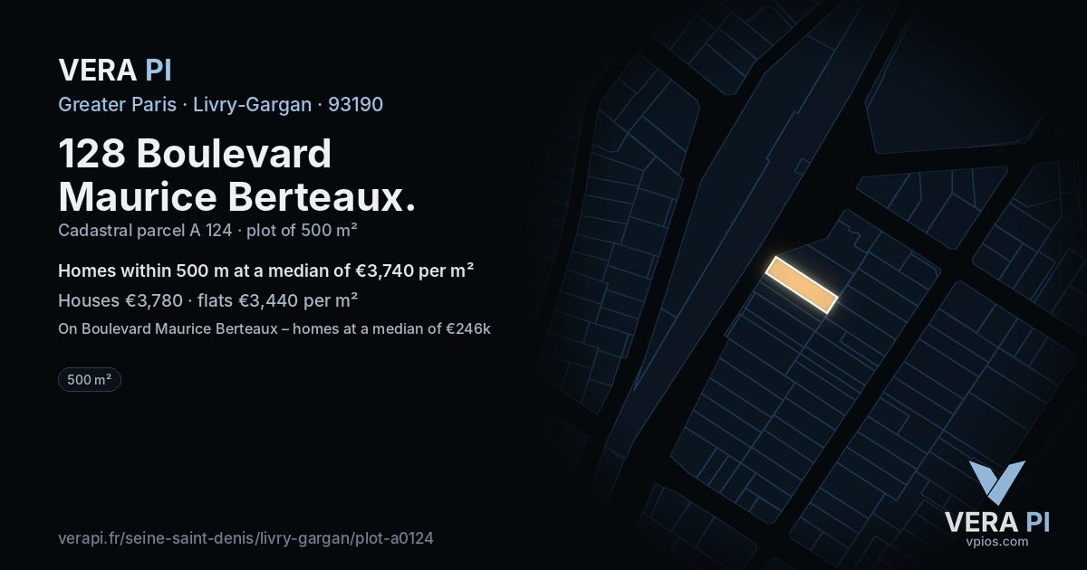 128 Boulevard Maurice Berteaux, Livry-Gargan at night – the plot lit, the parcels around coloured by the prices near them