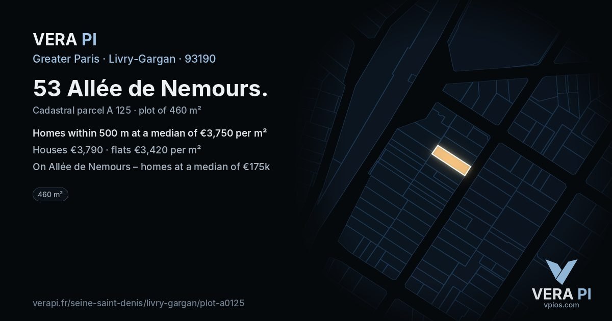 53 Allée de Nemours, Livry-Gargan at night – the plot lit, the parcels around coloured by the prices near them